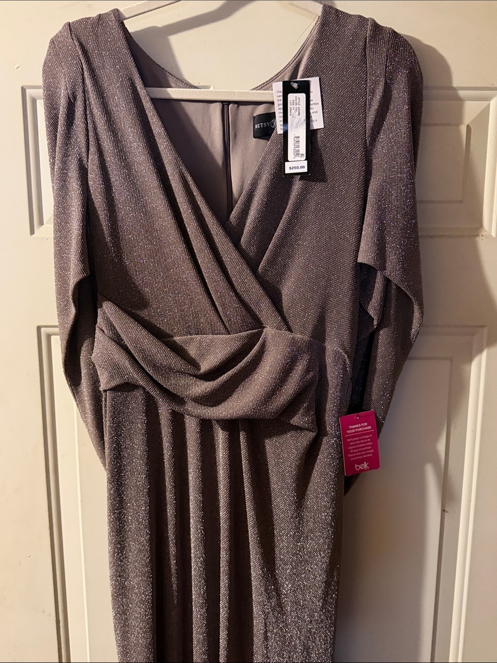 Betsy & Adam Metallic Taupe Wrap-Front Long Sleeve Midi Dress
